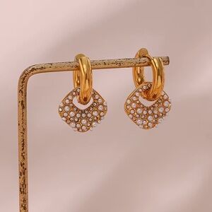 Gold Pearl Pave Hoop Drop Earrings, Stainless Steel